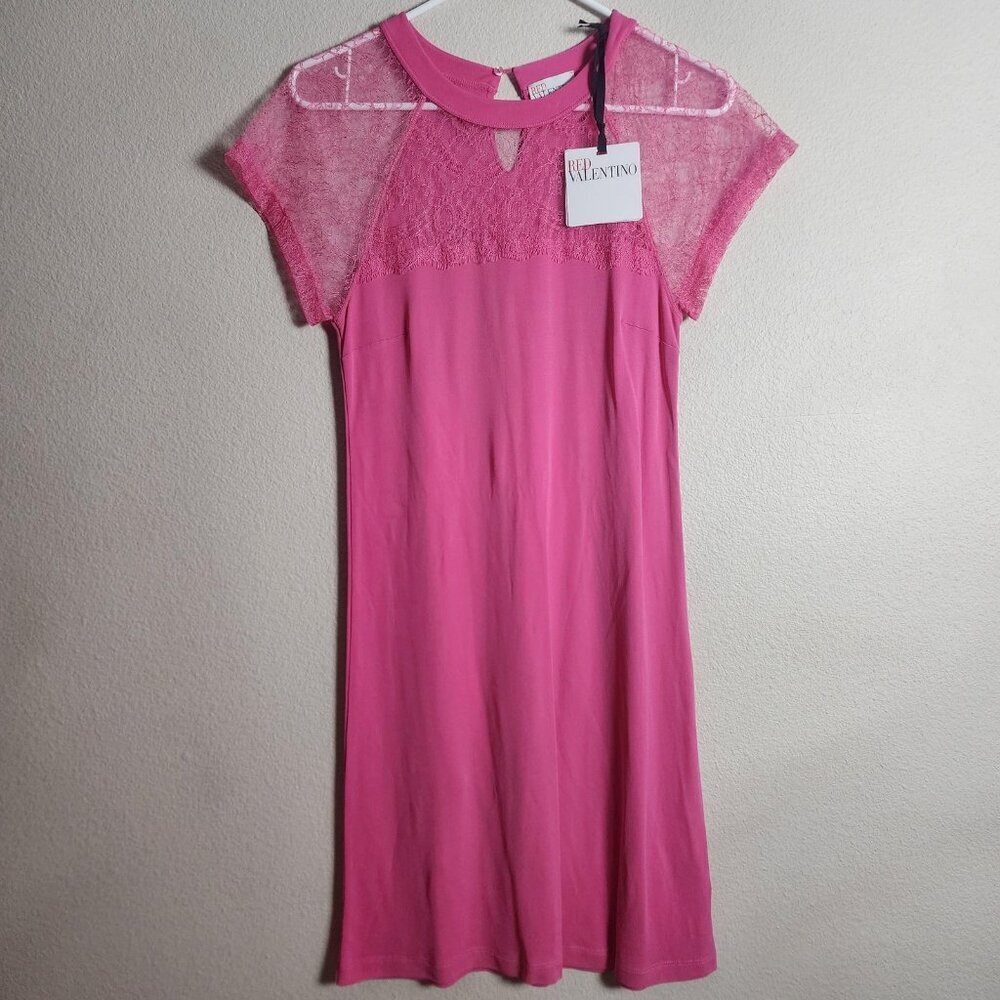 Red Valentino Dress Womens Medium Pink Lace Sheer Yoke Short Sleeve Midi Begonia